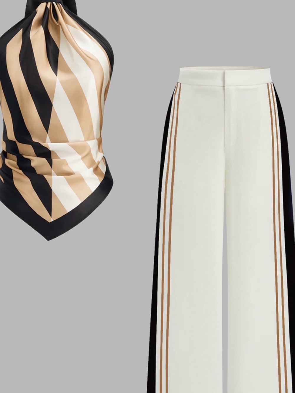 Commense Cream Wide-Leg Pants with Black and Tan Stripe Top (Full set) - Picture 2 of 4